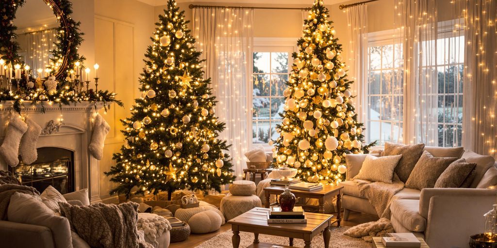 Festive living room with cozy Christmas decor and warm lighting.