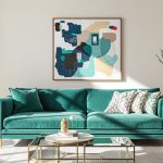 Modern living room with vibrant colors and sleek furniture.