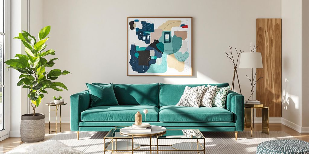 Modern living room with vibrant colors and sleek furniture.