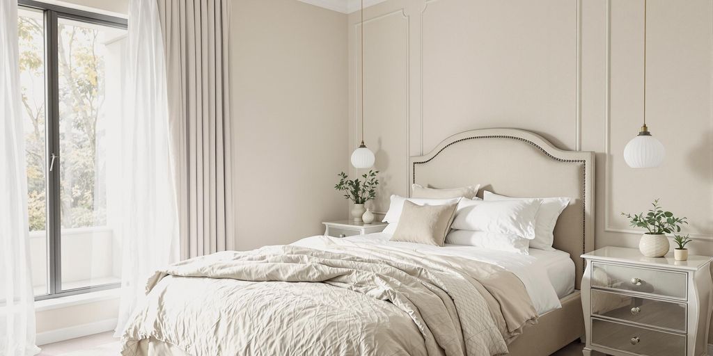 Modern bedroom with serene color palette and plush furnishings.