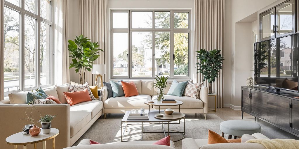 Modern living room with stylish furniture and decor.